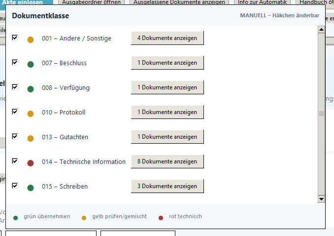 Dokumentklassen-Auswahl aus dem Handbuch mit grünen, gelben und roten Empfehlungen