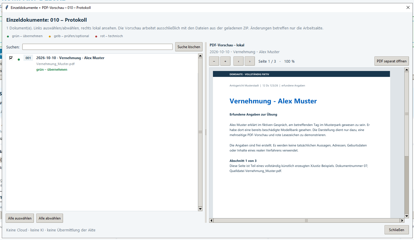Einzeldokumente und lokale PDF-Vorschau – Originalaufnahme mit künstlicher Musterakte