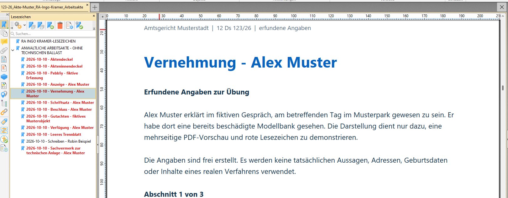 Arbeitsakte im externen PDF-Viewer – Originalaufnahme mit künstlicher Musterakte